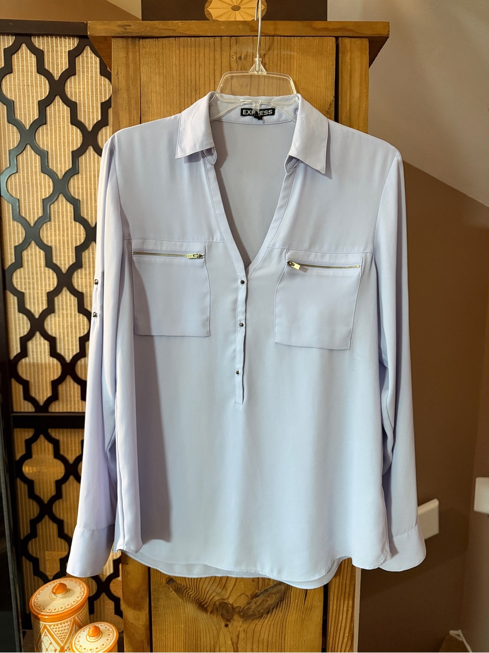 Express Light Lavender Button-Front V-Neck Blouse with Gold Zippers